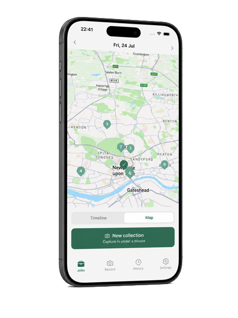 WasteTrace app map view showing today's collection stops plotted on a route