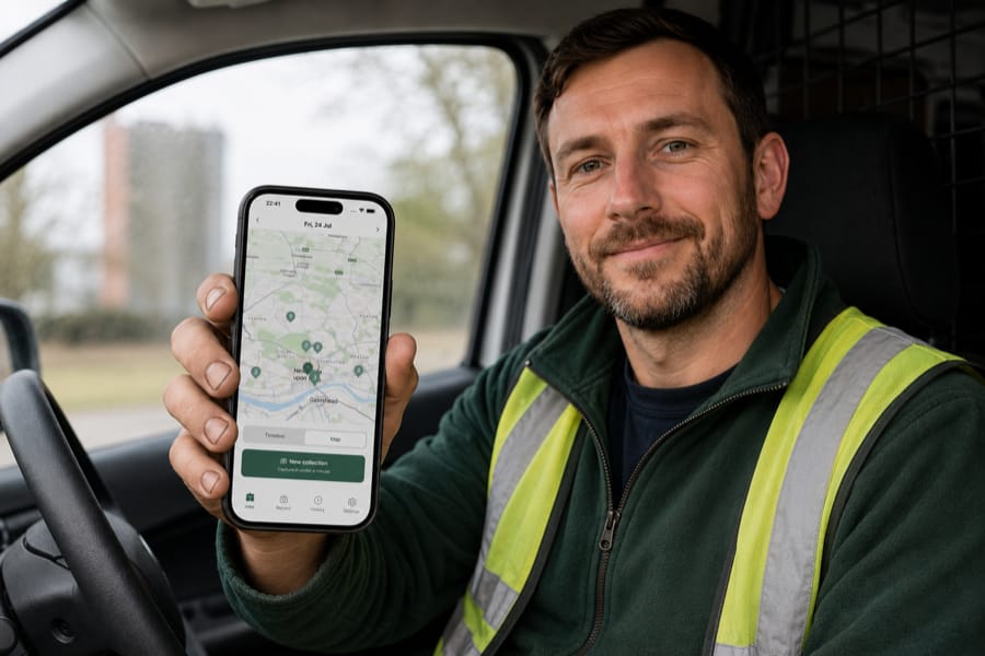 A driver in a hi-vis vest, sitting in his van cab, holding up a phone showing the WasteTrace app's map view