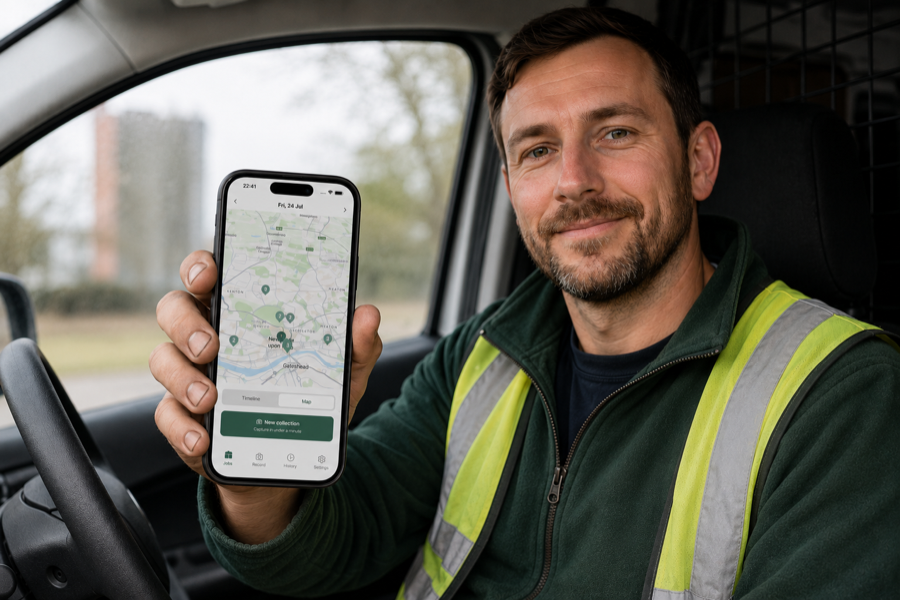 A driver in a hi-vis vest, sitting in his van cab, holding up a phone showing the WasteTrace app's map view